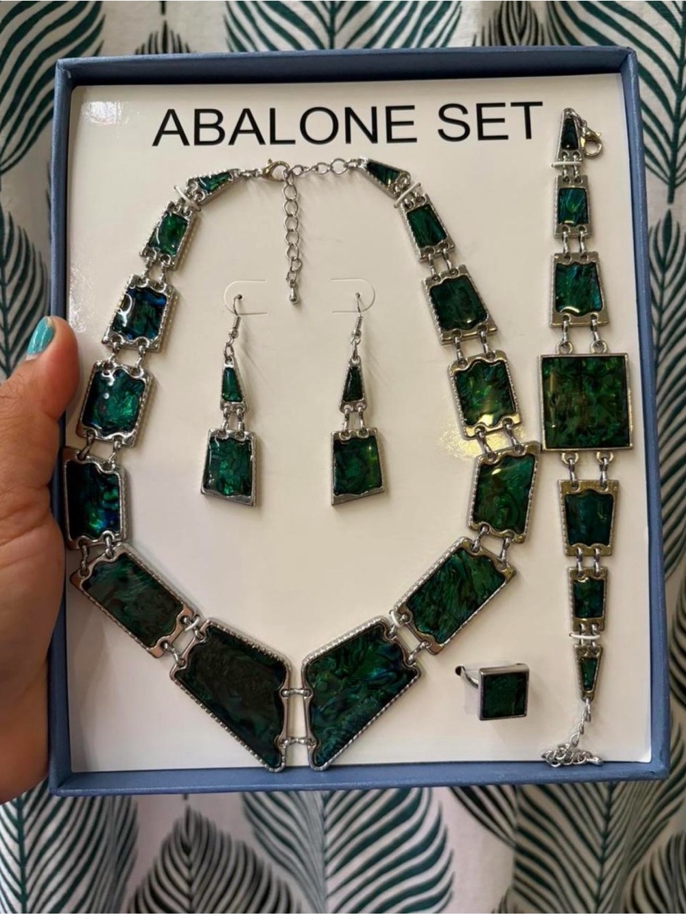 Green Abalone Inlay Necklace, Bracelet, Earrings & Ring Set